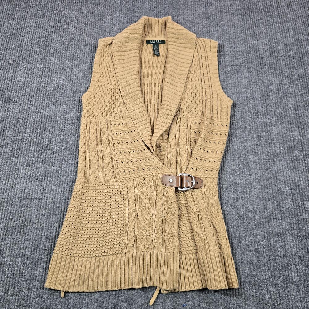 Lauren Ralph Lauren Sweater Vest Womens Medium Beige Cable Knit Belted Buckle